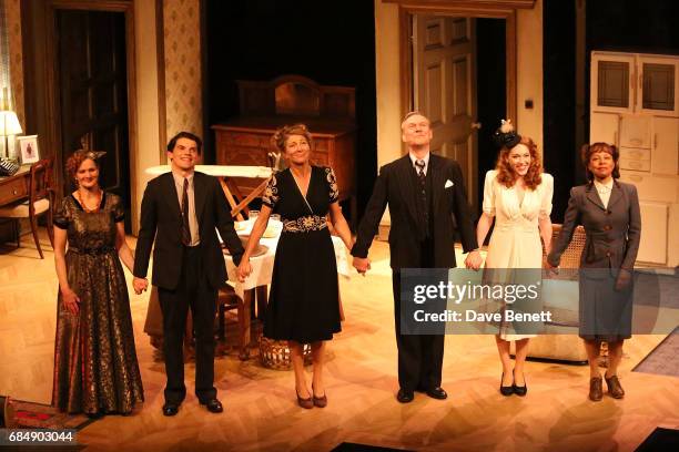 Nicola Sloane, Edward Bluemel, Eve Best, Antony Head, Charlotte Spencer and Vivienne Rochester bow at the curtain call during the press night...