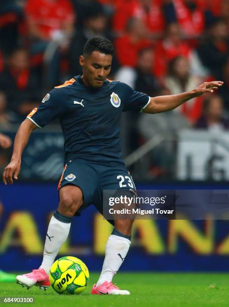 Jose Vazquez of Chivas kicks the ball during the semifinals first leg match between Toluca and Chivas as part of the Torneo Clausura 2017 Liga MX at...