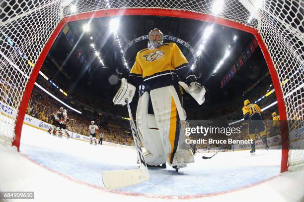 Pekka Rinne of the Nashville Predators reacts after Corey Perry of the Anaheim Ducks scored a goal during the overtime period to win Game Four of the...