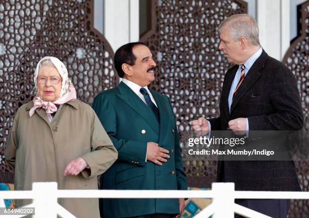 Queen Elizabeth II, King Hamad bin Isa Al Khalifa of Bahrain and Prince Andrew, Duke of York attend the Endurance event on day 3 of the Royal Windsor...