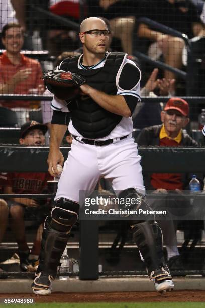 Catcher Chris Herrmann of the Arizona Diamondbacks in action during the MLB game against the San Diego Padres at Chase Field on April 25, 2017 in...