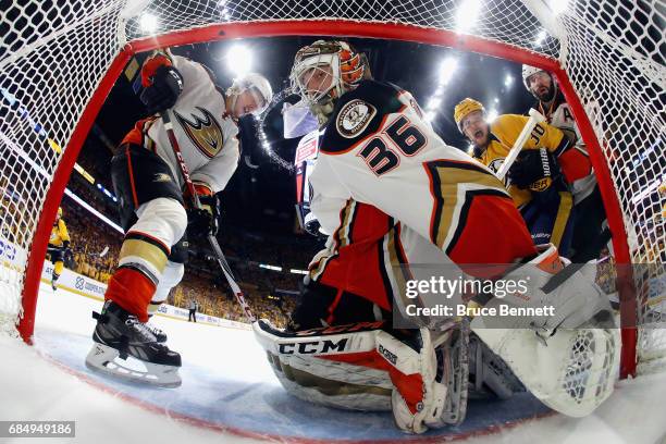 John Gibson of the Anaheim Ducks reacts after Filip Forsberg of the Nashville Predators scored a third period goal to tie the game 2-2 in Game Four...