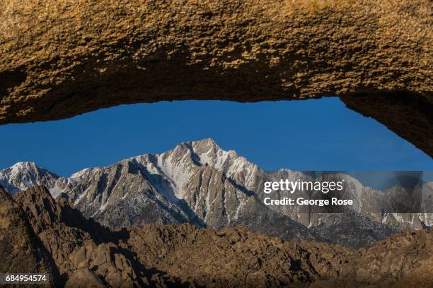 The Sierra Nevada Mountains are viewed from the scenic Alabama Hills at sunrise on April 6 near Lone Pine, California. Owens Valley is an arid valley...
