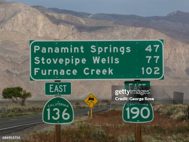 The roads to Death Valley and Furnace Creek viewed from Highway 395 on April 6 in Lone Pine, California. Owens Valley is an arid valley in eastern...