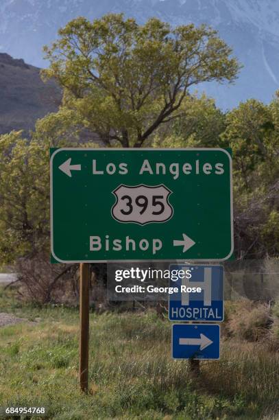 Road sign for Highway 395 is viewed on April 6 in Lone Pine, California. Owens Valley is an arid valley in eastern California, to the east of the...