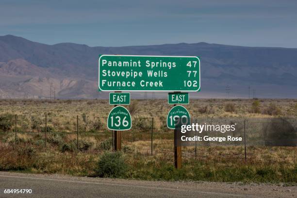 The roads to Death Valley and Furnace Creek viewed from Highway 395 on April 6 in Lone Pine, California. Owens Valley is an arid valley in eastern...