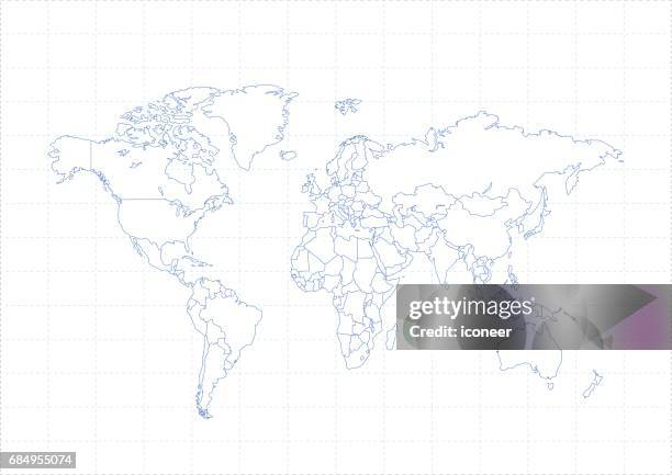 world map white on blue grid background - world map line stock illustrations
