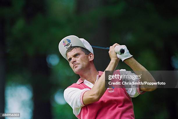 Swedish golfer Jesper Parnevik pictured in action using a driver to play a shot for Team Europe during play to lose to Team USA in the 1999 Ryder...