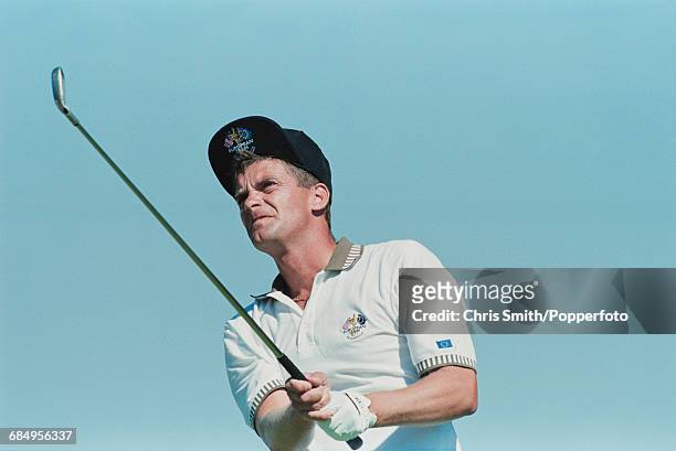 Swedish golfer Jesper Parnevik pictured in action using a driver to play a shot for Team Europe during play to lose to Team USA in the 1999 Ryder...