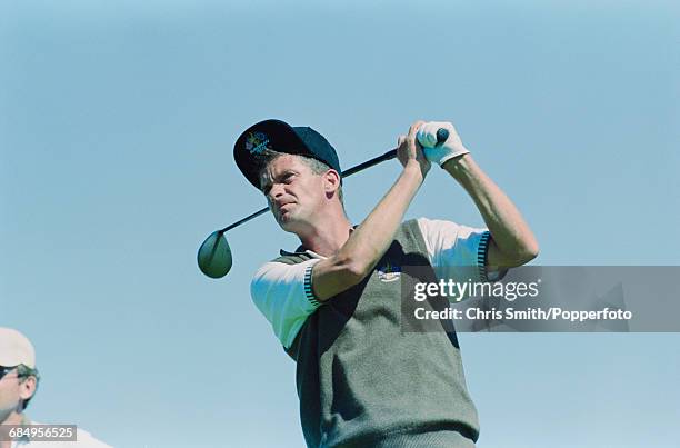 Swedish golfer Jesper Parnevik pictured in action using a driver to tee off for Team Europe during play to lose to Team USA in the 1999 Ryder Cup,...