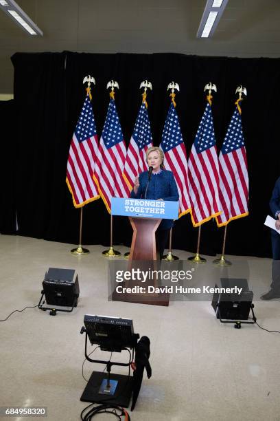 American politician and presidential candidate Hillary Clinton stands at a podium and speaks during a press conference, Des Moines, Iowa, October 28,...