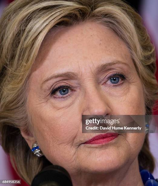 Close-up of American politician and presidential candidate Hillary Clinton during a press conference, Des Moines, Iowa, October 28, 2016. She...