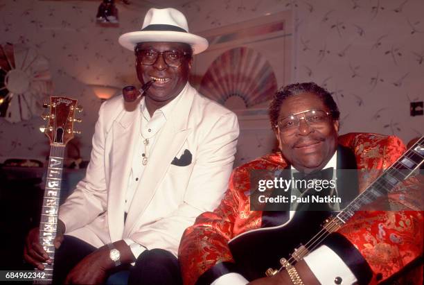Backstage portrait of American Blues musicians Albert King and BB King, Cleveland, Ohio, February 20, 1991. The two men were not related.