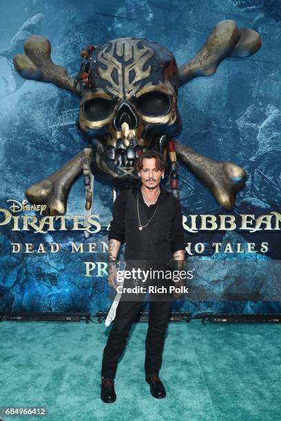 Actor Johnny Depp at the Premiere of Disneys and Jerry Bruckheimer Films Pirates of the Caribbean: Dead Men Tell No Tales, at the Dolby Theatre...