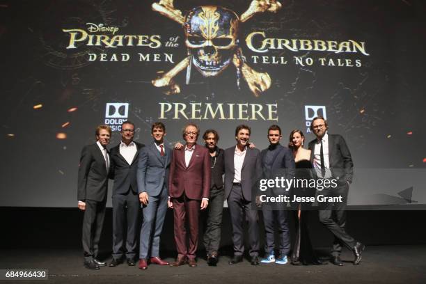 Producer Jerry Bruckheimer, Director Espen Sandberg, actors Brenton Thwaites, Geoffrey Rush, Johnny Depp, Javier Bardem, Orlando Bloom, Kaya...