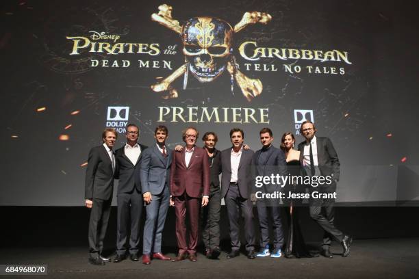 Producer Jerry Bruckheimer, Director Espen Sandberg, actors Brenton Thwaites, Geoffrey Rush, Johnny Depp, Javier Bardem, Orlando Bloom, Kaya...