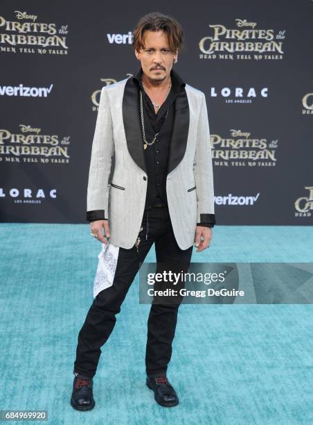 Actor Johnny Depp arrives at the premiere of Disney's "Pirates Of The Caribbean: Dead Men Tell No Tales" at Dolby Theatre on May 18, 2017 in...