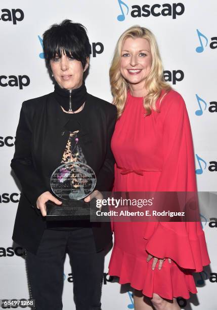 Singer-songwriter Diane Warren and ASCAP CEO Beth Matthews pose with the "Founders Award" at the 2017 ASCAP Pop Awards at The Wiltern on May 18, 2017...