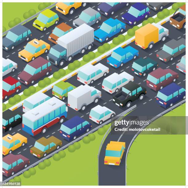 ilustraciones, imágenes clip art, dibujos animados e iconos de stock de intersección carretera isométrica en hora punta - commuter