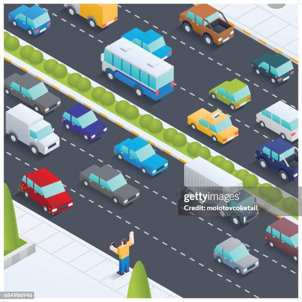 ilustraciones, imágenes clip art, dibujos animados e iconos de stock de carretera ciudad isométrica con un hombre parar un coche en el hombro - parallel