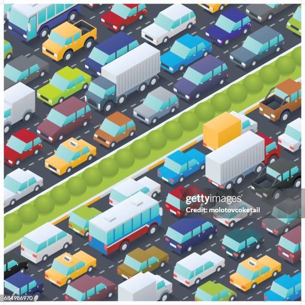 isometric traffic jam - pick up line stock illustrations