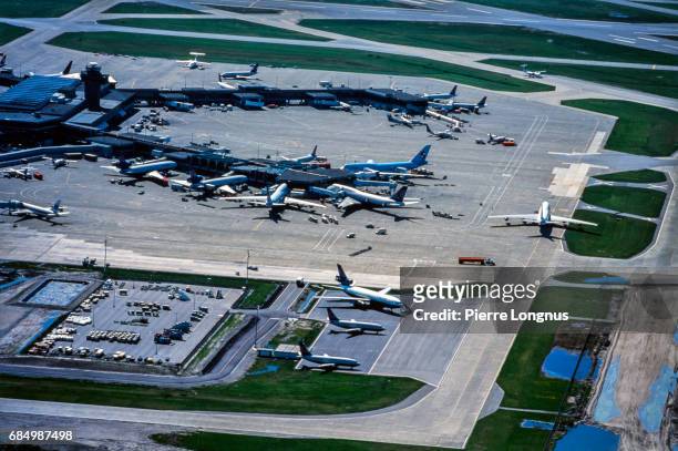 aerial view of vancouver international airport, british columbia, canada - vancouver airport stock pictures, royalty-free photos & images
