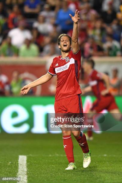 Chicago Fire defender Joao Meira reacts during a game against the Seattle Sounders and the Chicago Fire on May 13 at Toyota Park, in Bridgeview, IL....