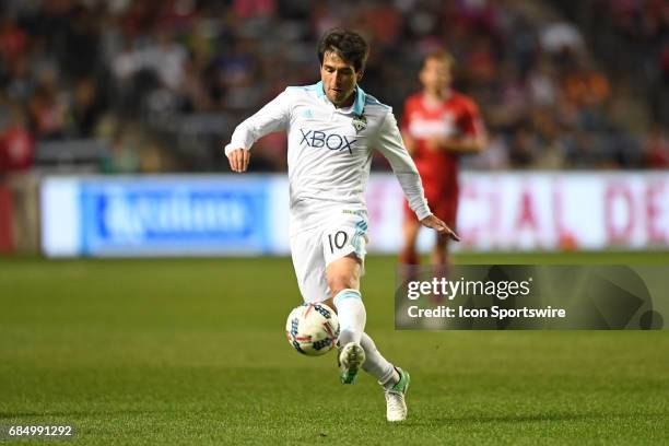 Seattle Sounders midfielder Nicolas Lodeiro controls the ball during a game against the Seattle Sounders and the Chicago Fire on May 13 at Toyota...