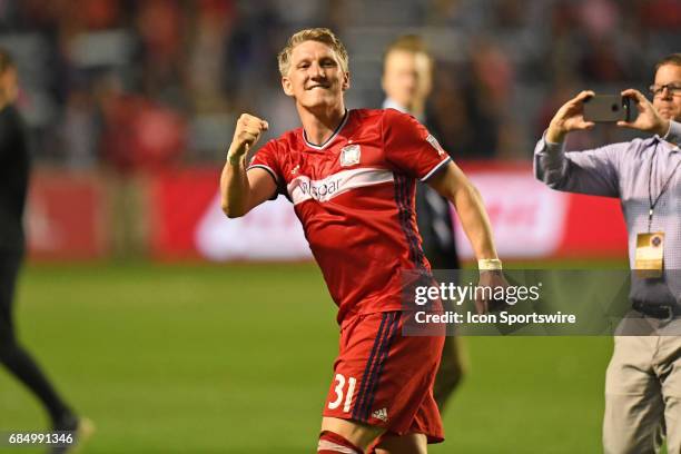 Chicago Fire midfielder Bastian Schweinsteiger celebrates after a game against the Seattle Sounders and the Chicago Fire on May 13 at Toyota Park, in...