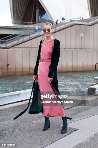 Fashion Blogger Dasha Gold wearing Bec and Bridge dress, Isabella Quinn coat, Wittner shoes, Gucci bag, Thom Browneny sunglasses and Amber Sceats...