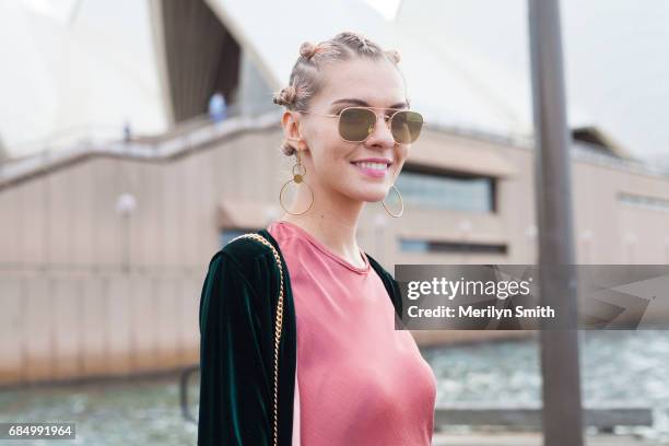 Fashion Blogger Dasha Gold wearing Bec and Bridge dress, Isabella Quinn coat, Gucci bag, Thom Browneny sunglasses and Amber Sceats jewellery during...