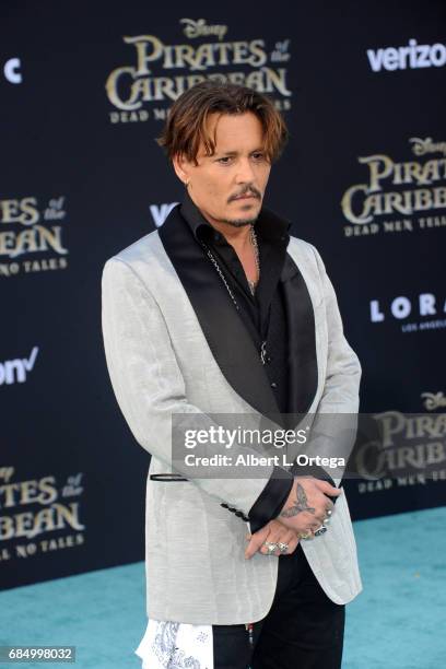 Actor Johnny Depp arrives for Premiere Of Disney's "Pirates Of The Caribbean: Dead Men Tell No Tales" held at Dolby Theatre on May 18, 2017 in...