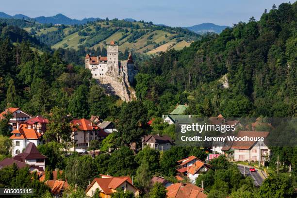 houses and castle in valley, bran, transylvania, romania - kli bildbanksfoton och bilder