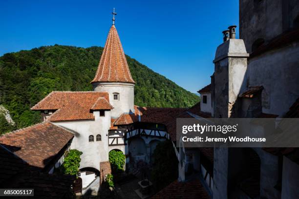 tower near mountain, bran, transylvania, romania - bran castle stock pictures, royalty-free photos & images