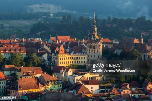 cityscape at sunrise, sighisoara, transylvania, romania - mures stock pictures, royalty-free photos & images