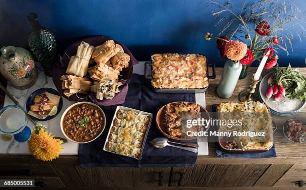 food on buffet table - mexican food stockfoto's en -beelden