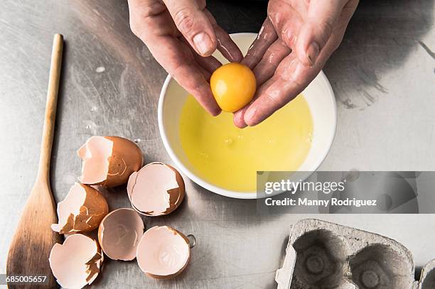 hands holding egg yolk - egg yolk stock pictures, royalty-free photos & images