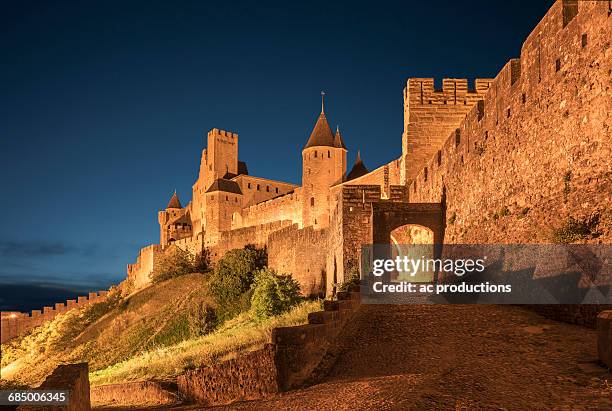 road to castle at night in carcassonne, languedoc-roussillon, france - carcassonne imagens e fotografias de stock