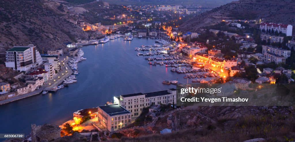 High angle cityscape of Balaklava Bay, Sevastopol City at dawn, Crimea, Ukraine