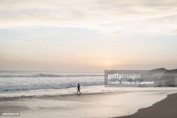 caucasian woman walking on beach at sunset - alberto guglielmi imagens e fotografias de stock