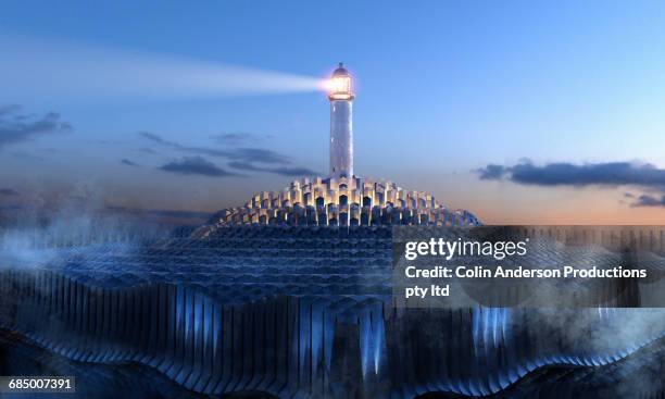 lighthouse beaming in night sky above futuristic cloud - rätsel lösen stock-fotos und bilder