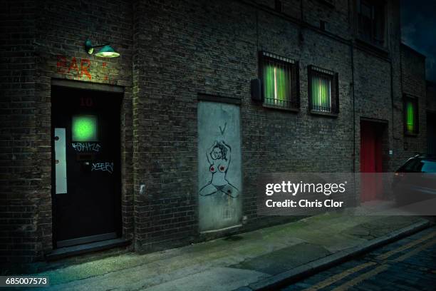 graffiti on alley doors in city at night - alley stock pictures, royalty-free photos & images