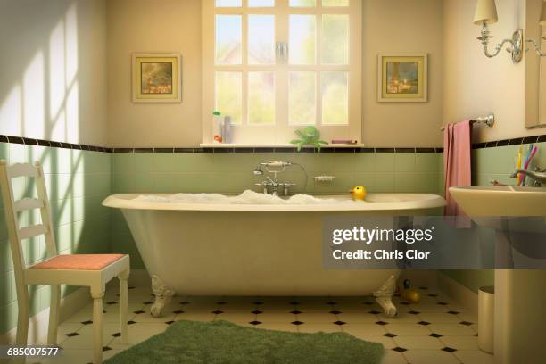 rubber duck floating in bubble bath - bubbelbad stockfoto's en -beelden