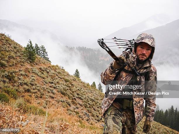 bowhunter elk hunting in mountains - bow hunting stock pictures, royalty-free photos & images