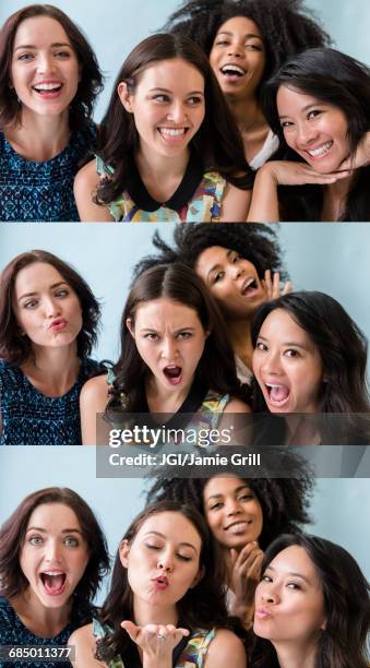 series of women making faces in photo booth - photo booth stockfoto's en -beelden