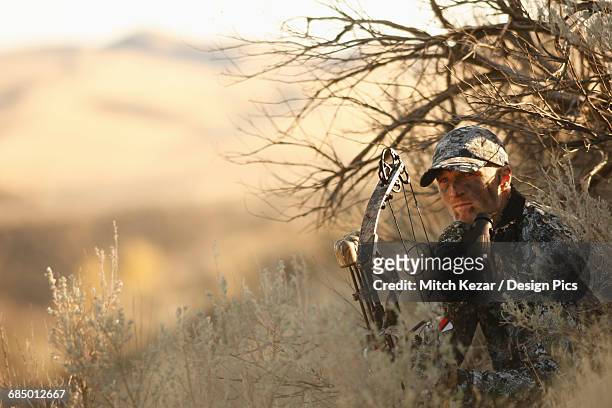 bowhunter ground hunting - bow hunting stock pictures, royalty-free photos & images