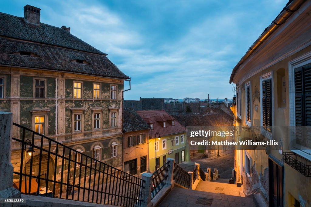 Sibiu, a 12th century Saxon city at night, Transylvania, Romania, Europe