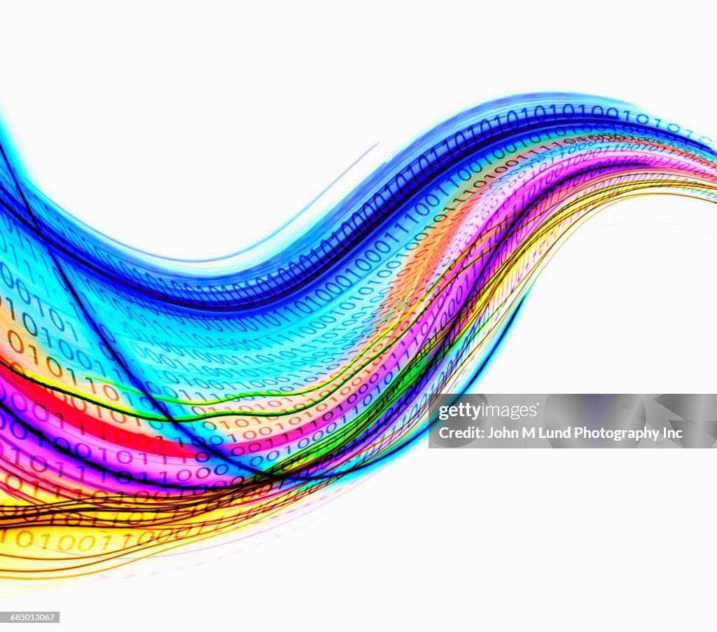 Binary code in flowing in multicolor technology waves
