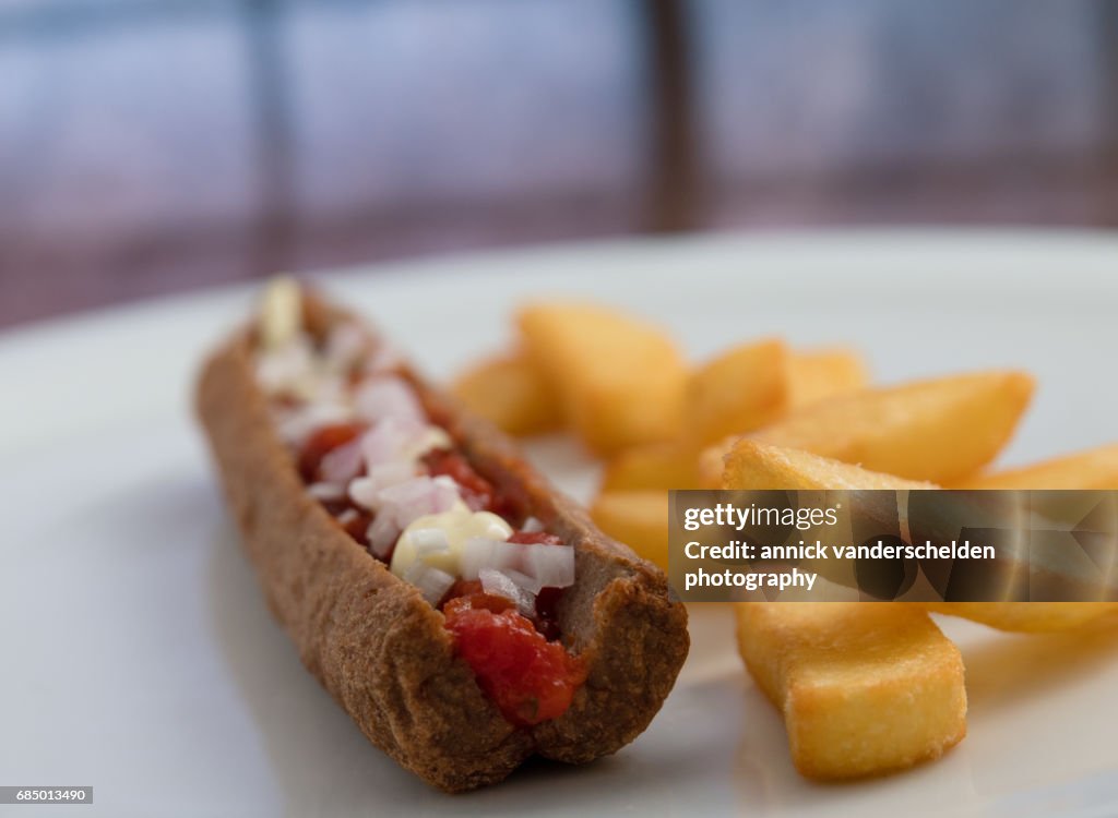 Frikandel and French fries.