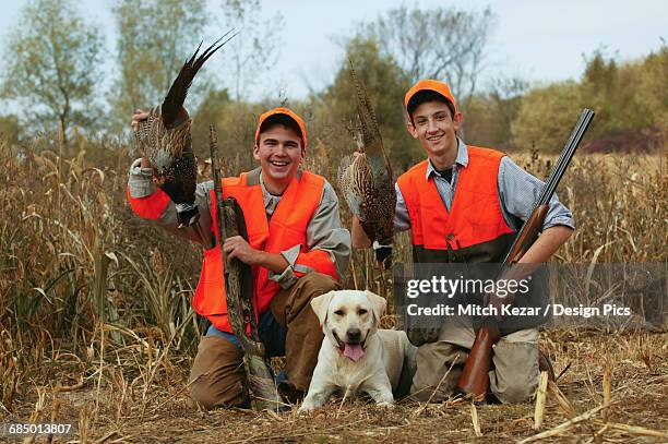 youth male upland hunters with pheasant and yellow lab - happiness meter stock pictures, royalty-free photos & images